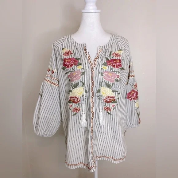 Floral Embroidered Cotton Bubble Sleeve Bohemian Tassel Striped Women's Top Sz M - Picture 1 of 9